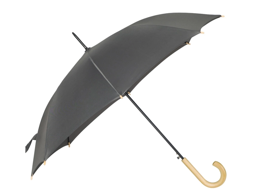 Зонт-трость Okobrella с деревянной ручкой и куполом из переработанного пластика, серый фото 5