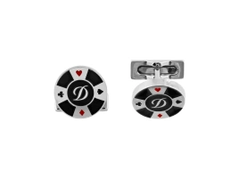Запонки CASINO, круглые, черный и красный лак, палладиевая отделка, узор: карточные масти, логотип D