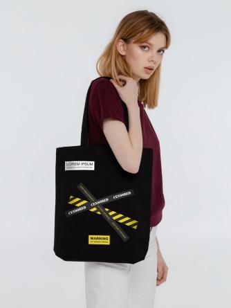 Холщовая сумка с термонаклейками Cautions, черная фото 5