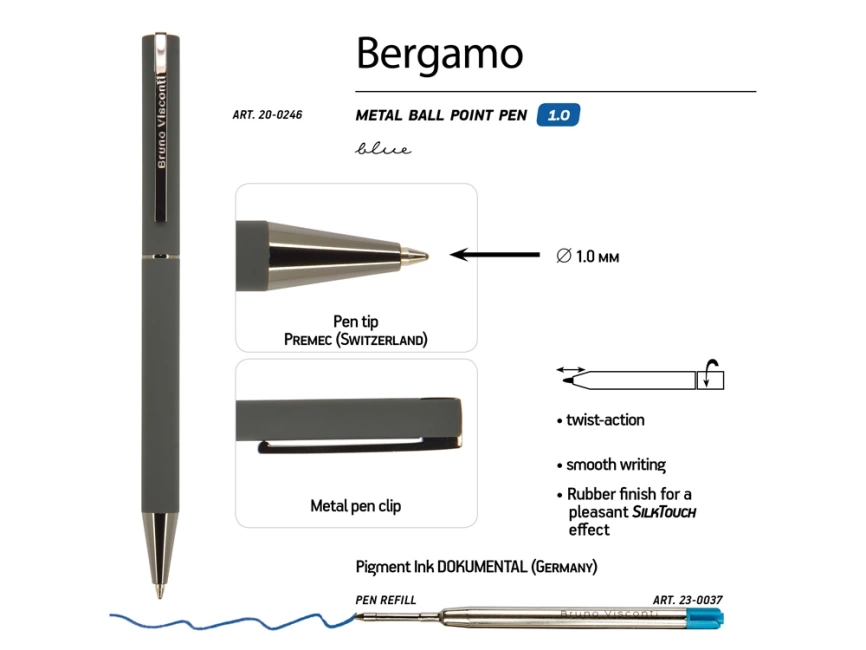 Ручка Bergamo шариковая автоматическая, серый металлический корпус, 1.0 мм, синяя фото 3