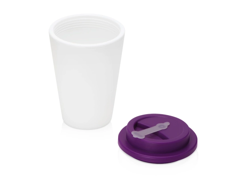 Пластиковый стакан Take away с двойными стенками и крышкой с силиконовым клапаном, 350 мл, белый/фиолетовый фото 2