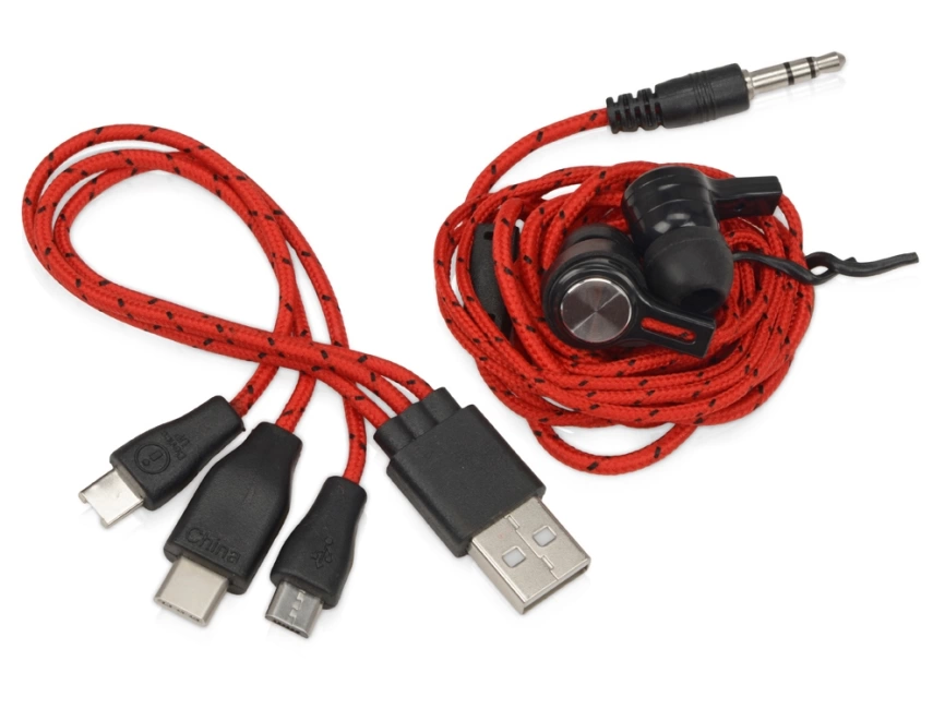 Набор с наушниками и зарядным кабелем 3-в-1 In motion, красный фото 4