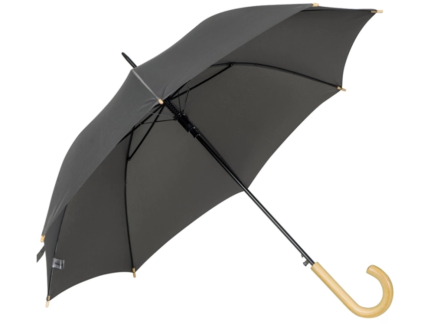 Зонт-трость Okobrella с деревянной ручкой и куполом из переработанного пластика, серый фото 2