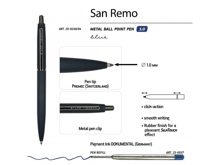 Ручка SAN REMO шариковая, автоматическая, темно-синий металлический корпус 1.00 мм, синяя фото 3