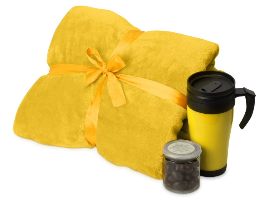 Подарочный набор с пледом, термокружкой и миндалем в шоколадной глазури Tasty hygge, желтый фото 1