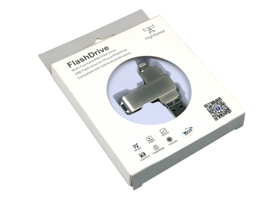 USB-флешка на 32 Гб, интерфейс USB3.0, поворотный механизм,c дополнительными разъемами для I-phone Lightning и Micro USB,  полностью металлический корпус, серебро фото 5