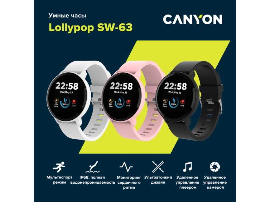 Умные часы CANYON Lollypop SW-63, IP 68, BT 5.0, сенсорный дисплей 1.3, черный фото 8