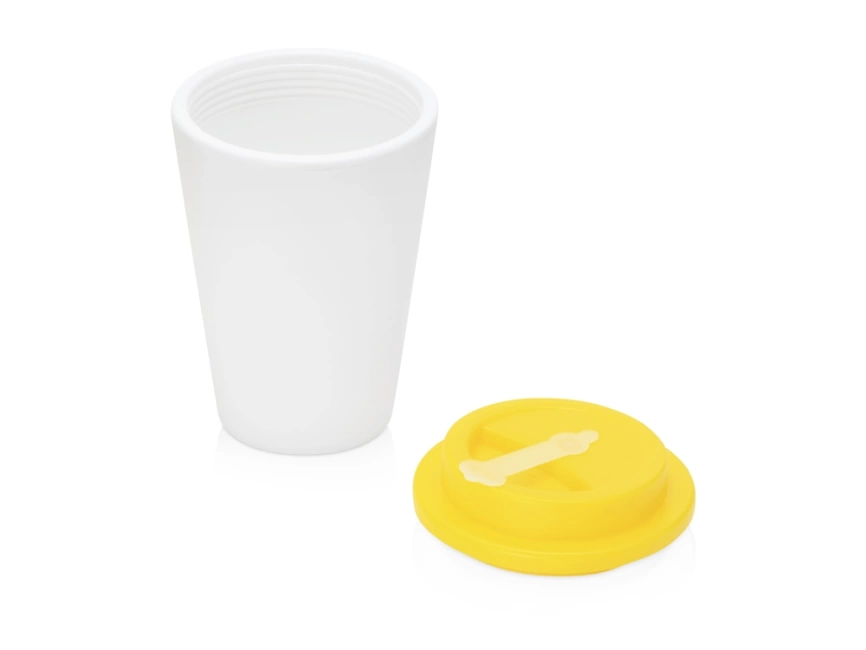 Пластиковый стакан Take away с двойными стенками и крышкой с силиконовым клапаном, 350 мл, белый/желтый фото 2