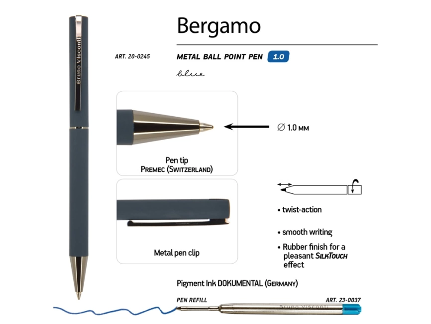 Ручка Bergamo шариковая автоматическая, синий металлический корпус, 1.0 мм, синяя фото 3