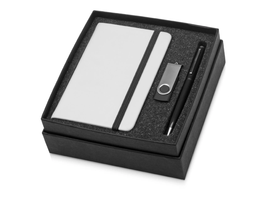 Подарочный набор Reporter Plus с флешкой, ручкой и блокнотом А6, черный фото 1