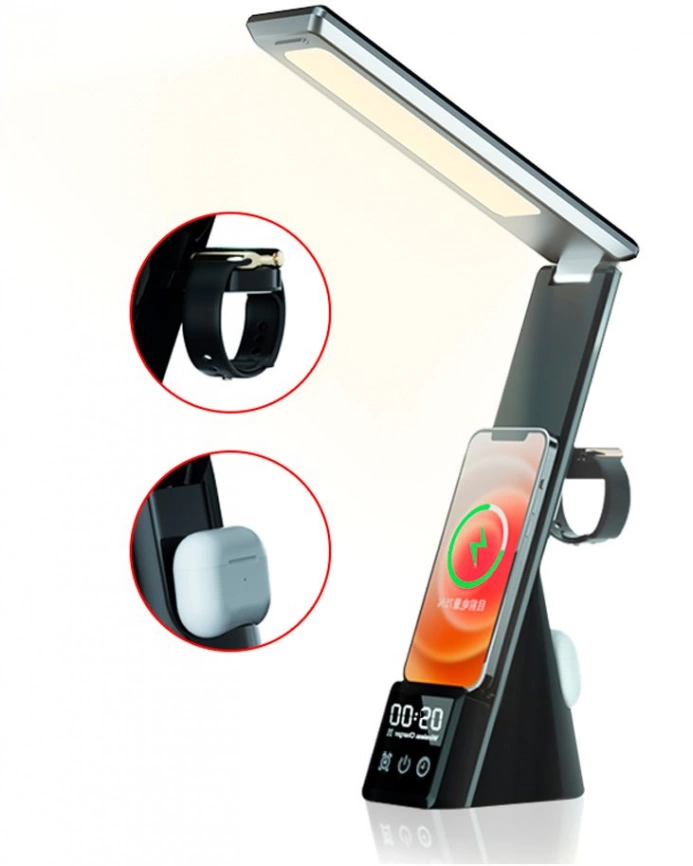Настольная лампа Zeus с беспроводными зарядками, часами и будильником фото 2