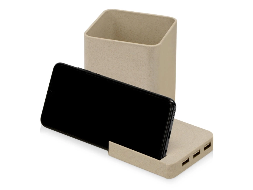 Настольный органайзер Cubic из пшеничного волокна с функцией беспроводной зарядки и выходами USB фото 5