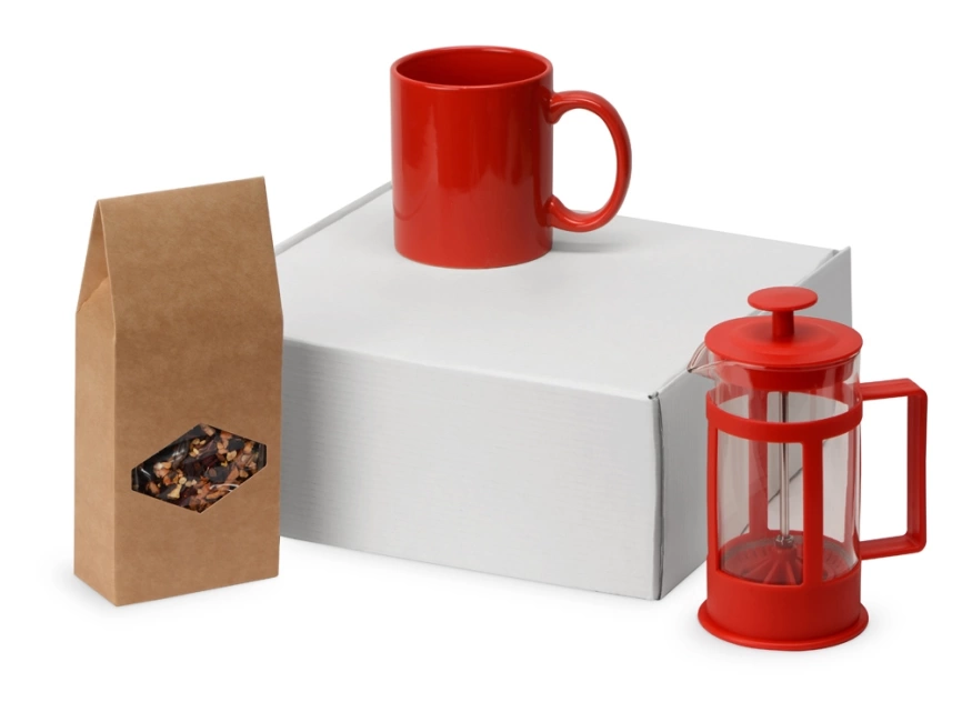 Подарочный набор с чаем, кружкой и френч-прессом Чаепитие, красный фото 1