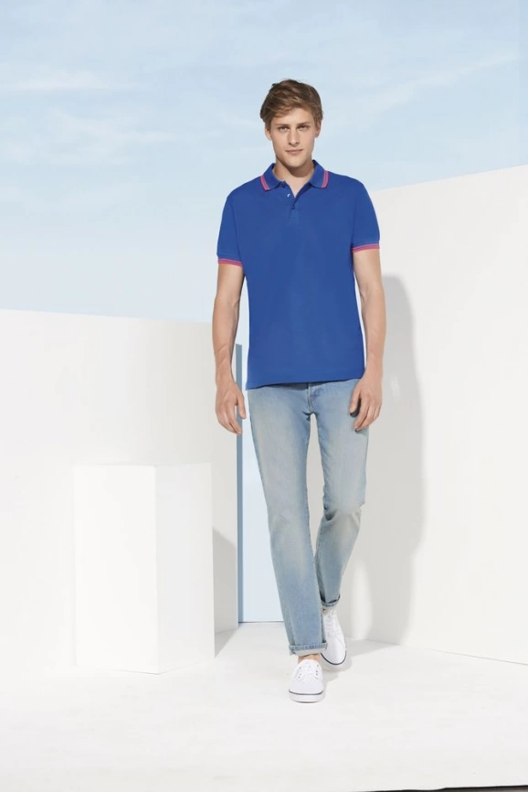Рубашка поло мужская Pasadena Men 200 с контрастной отделкой белая с голубым, размер S фото 5