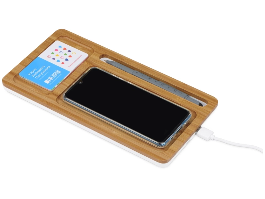 Беспроводное зарядное устройство-органайзер из бамбука Timber, темно-натуральный/белый фото 2