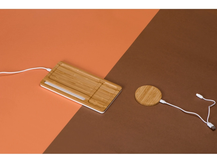 Беспроводное зарядное устройство-органайзер из бамбука Timber, темно-натуральный/белый фото 7