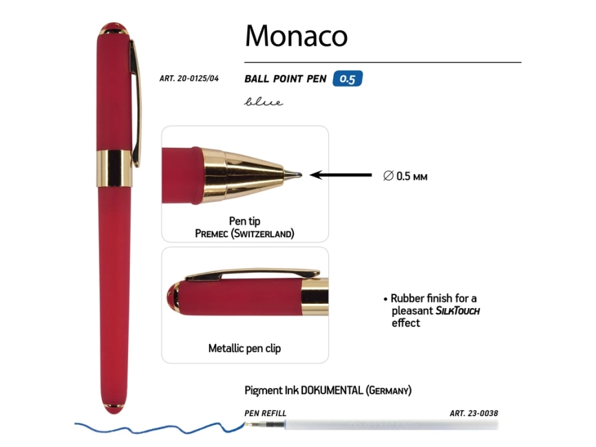 Ручка пластиковая шариковая Monaco, 0,5мм, синие чернила, красный фото 3