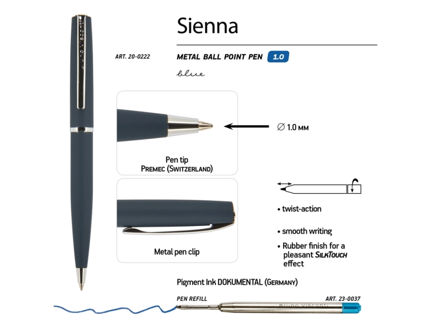 Ручка Sienna шариковая  автоматическая, синий металлический корпус, 1.0 мм, синяя фото 3