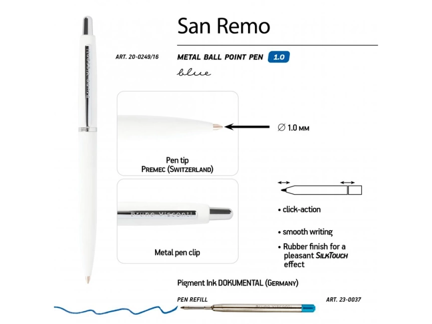 Ручка SAN REMO шариковая, автоматическая, белый металлический корпус 1.00 мм, синяя фото 3