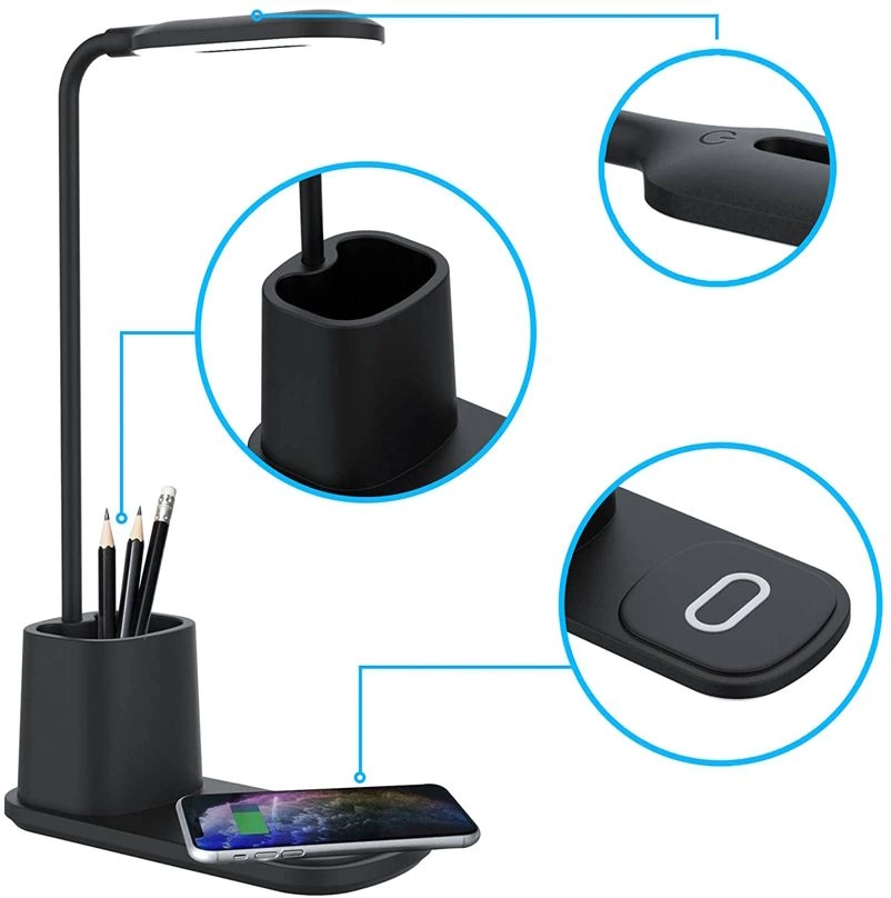 Настольная лампа Tenza с беспроводной зарядкой и держателем для ручек, чёрная фото 2