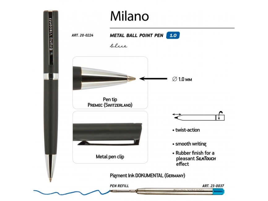 Ручкa BrunoVisconti шариковая автоматическая 1мм синяя Milano Graphite (черный металлический корпус) фото 3