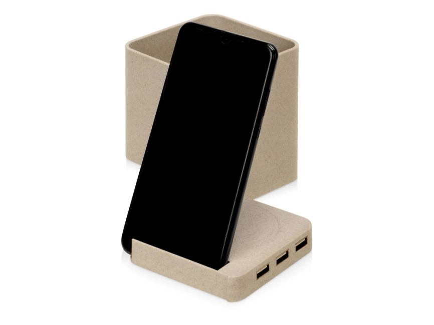 Настольный органайзер Cubic из пшеничного волокна с функцией беспроводной зарядки и выходами USB фото 4