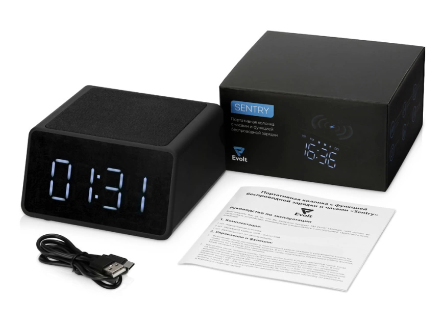 Беспроводная колонка с часами и функцией беспроводной зарядки Sentry, черный фото 3