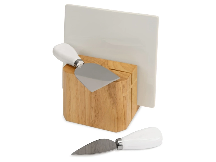 Набор для сыра Cheese Break: 2  ножа керамических на  деревянной подставке, керамическая доска фото 1