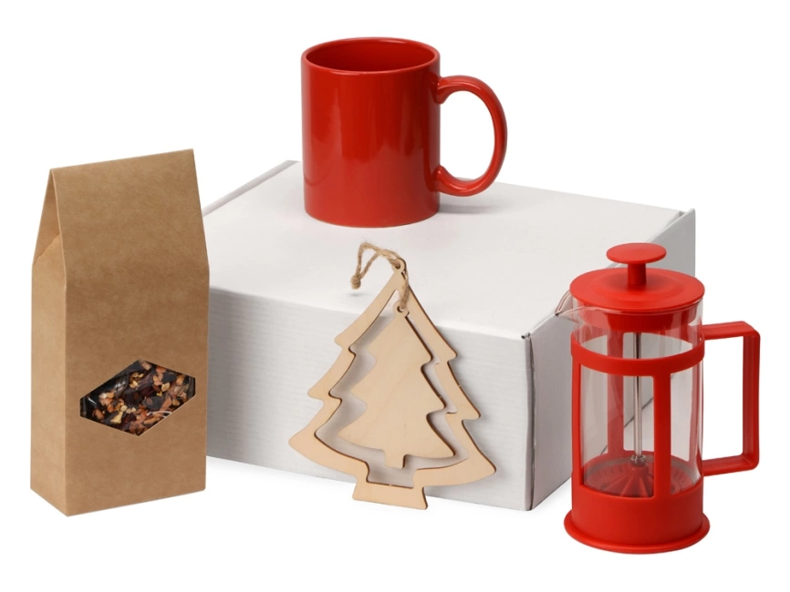 Подарочный набор с чаем, кружкой, френч-прессом и новогодней подвеской Чаепитие, красный фото 1
