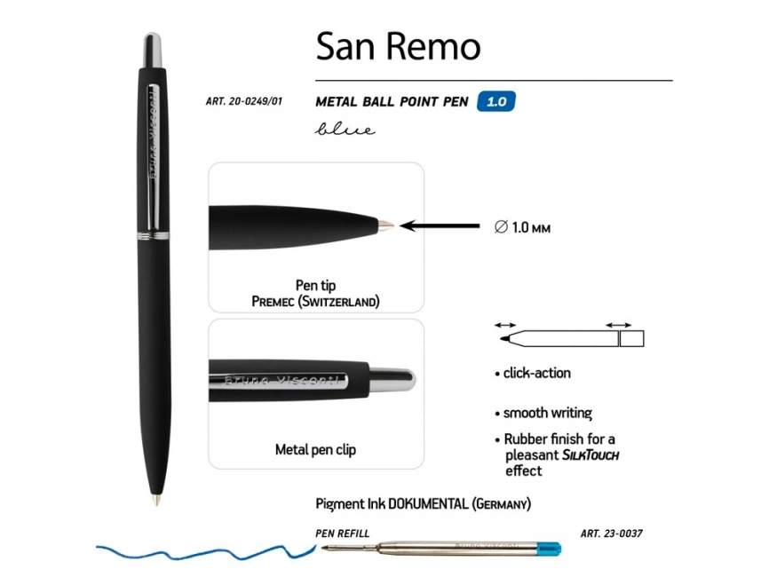 Ручка SAN REMO шариковая  автоматическая, черный металлический корпус, 1.00 мм, синяя фото 3