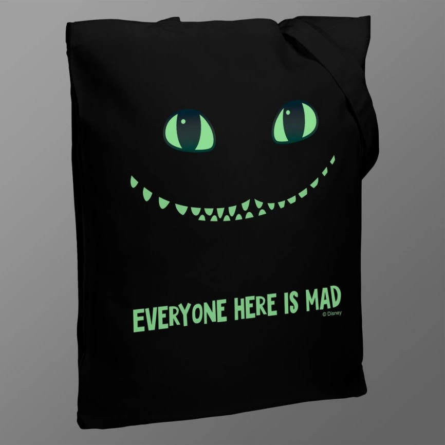 Холщовая сумка со светящимся принтом Cheshire Cat, черная фото 3