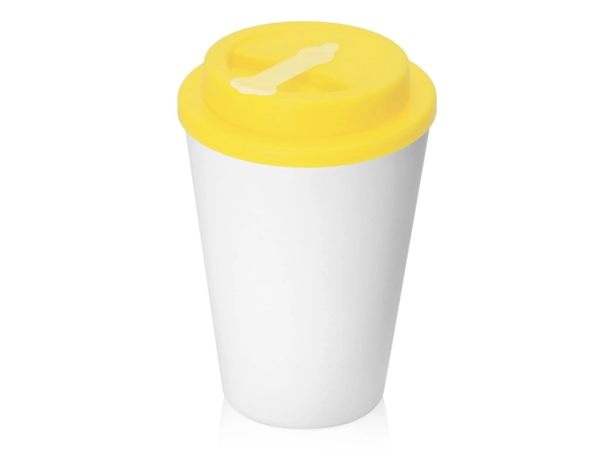 Пластиковый стакан Take away с двойными стенками и крышкой с силиконовым клапаном, 350 мл, белый/желтый фото 1