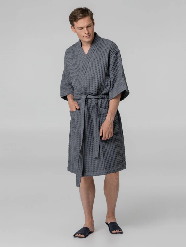 Халат вафельный мужской Boho Kimono, темно-серый (графит), размер XL (52-54) фото 6