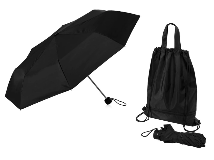 Зонт Picau из переработанного пластика в сумочке, черный фото 1