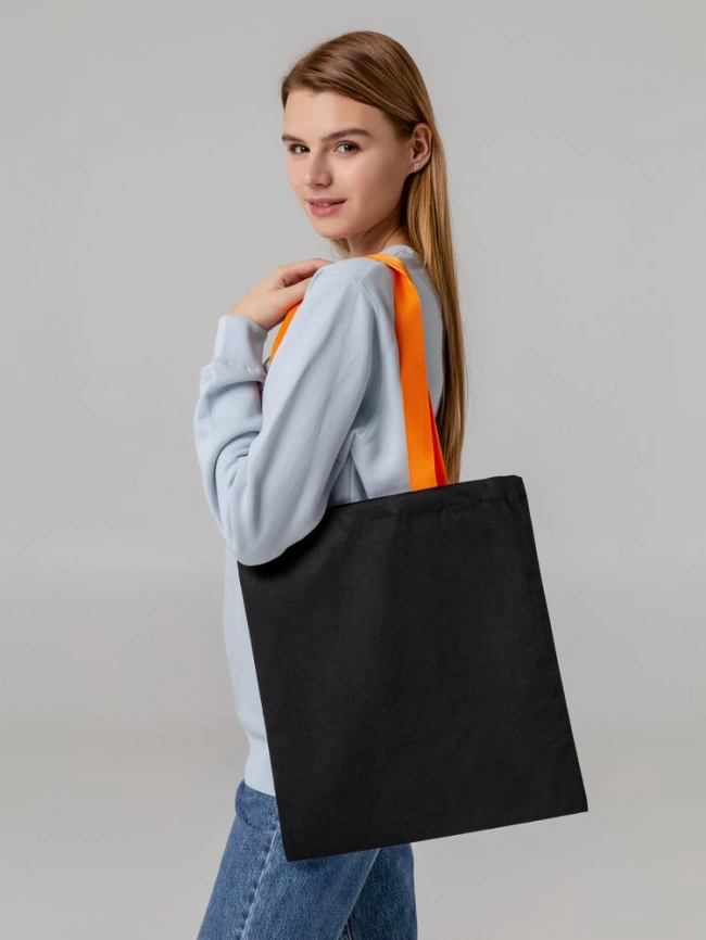Холщовая сумка BrighTone, черная с оранжевыми ручками фото 6