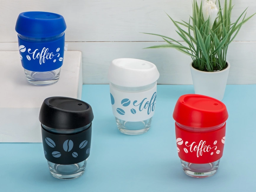 Стеклянный стакан Monday с силиконовой крышкой и манжетой, 350мл, белый фото 5