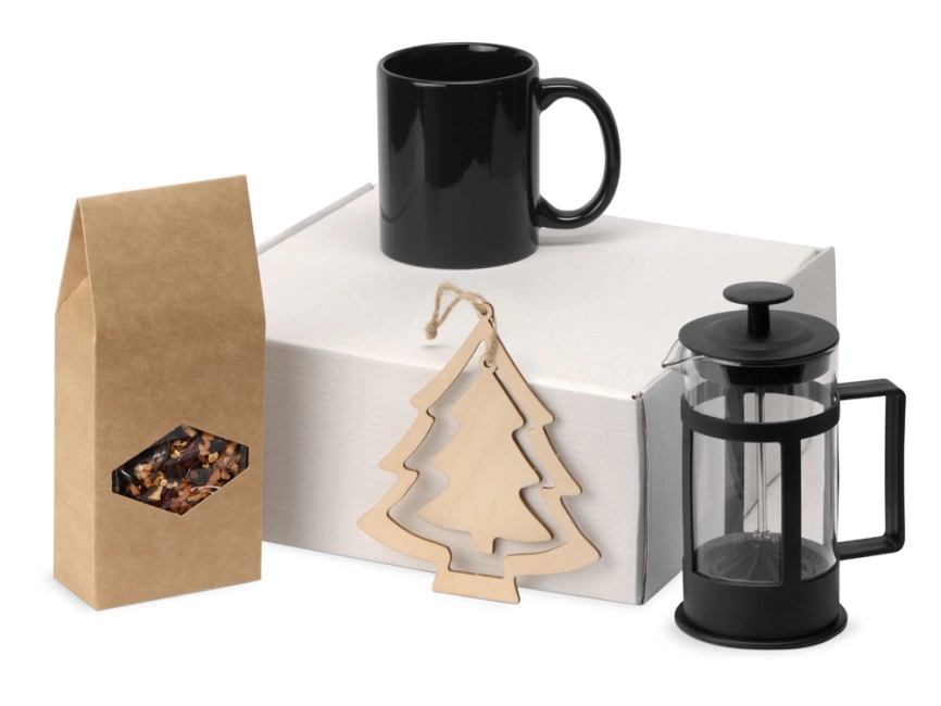 Подарочный набор с чаем, кружкой, френч-прессом и новогодней подвеской Чаепитие, черный фото 1