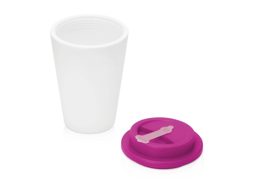 Пластиковый стакан Take away с двойными стенками и крышкой с силиконовым клапаном, 350 мл, белый/фуксия фото 2