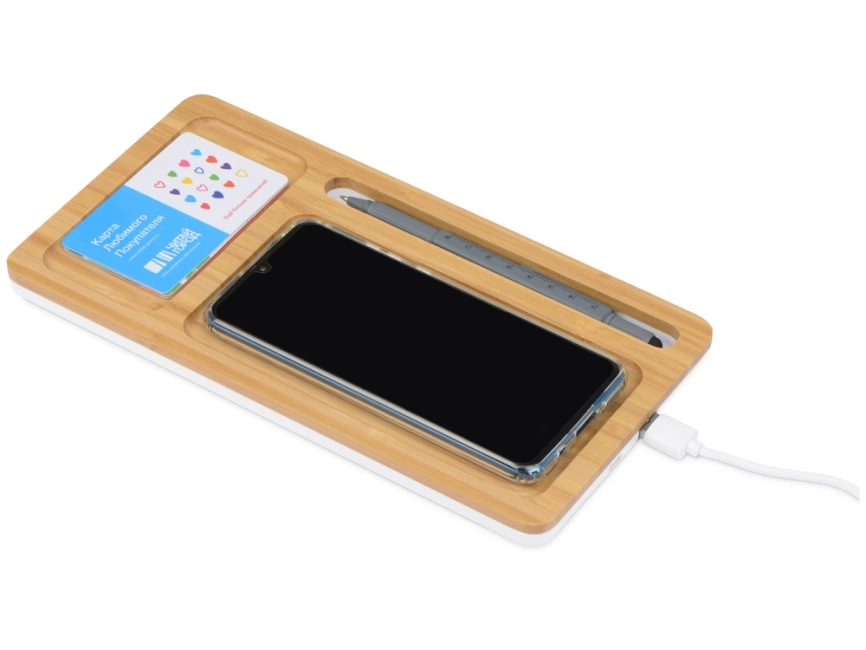 Беспроводное зарядное устройство-органайзер из бамбука Timber, натуральный/белый фото 2