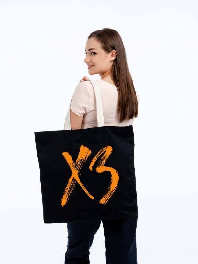 Холщовая сумка «ХЗ» с внутренним карманом, черная с оранжевым фото 3