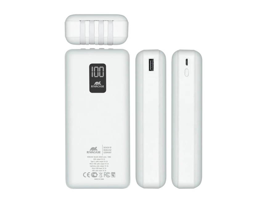 RIVACASE VA2220 (20000 мАч) внешний аккумулятор с дисплеем и встроенными кабелями, белый, 12/24 фото 4