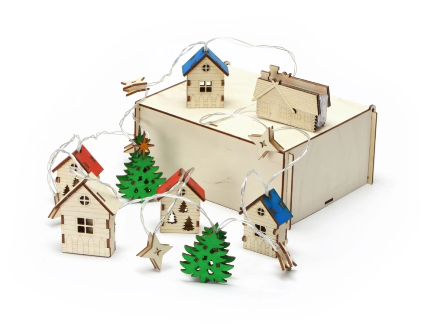 Елочная гирлянда с лампочками Новогодняя цветная + деревянная коробка с наполнителем-стружкой Ларь фото 1