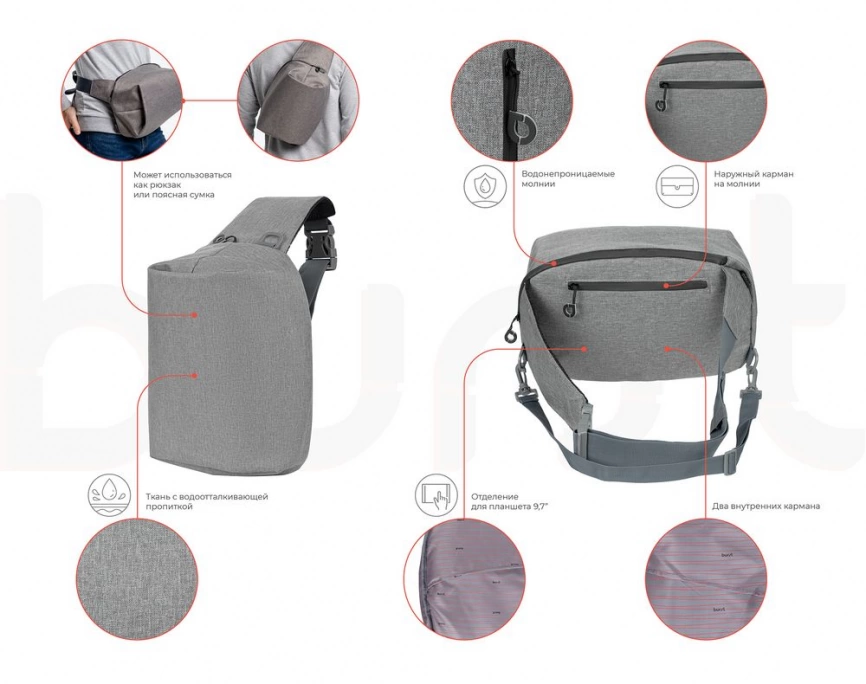 Рюкзак на одно плечо Tweed, серый фото 14