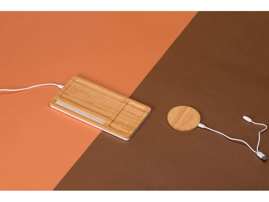 Беспроводное зарядное устройство-органайзер из бамбука Timber, натуральный/белый фото 7