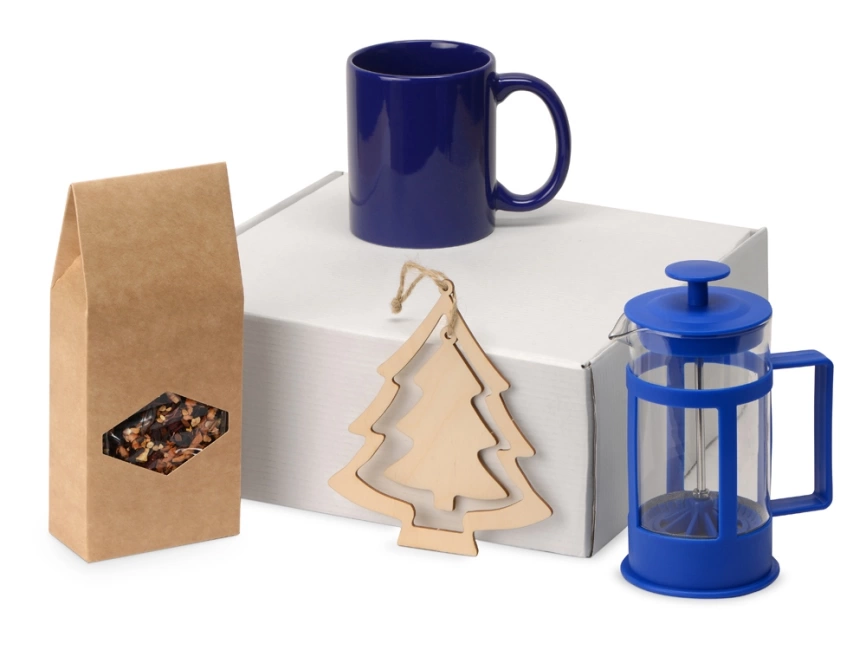 Подарочный набор с чаем, кружкой, френч-прессом и новогодней подвеской Чаепитие, синий фото 1