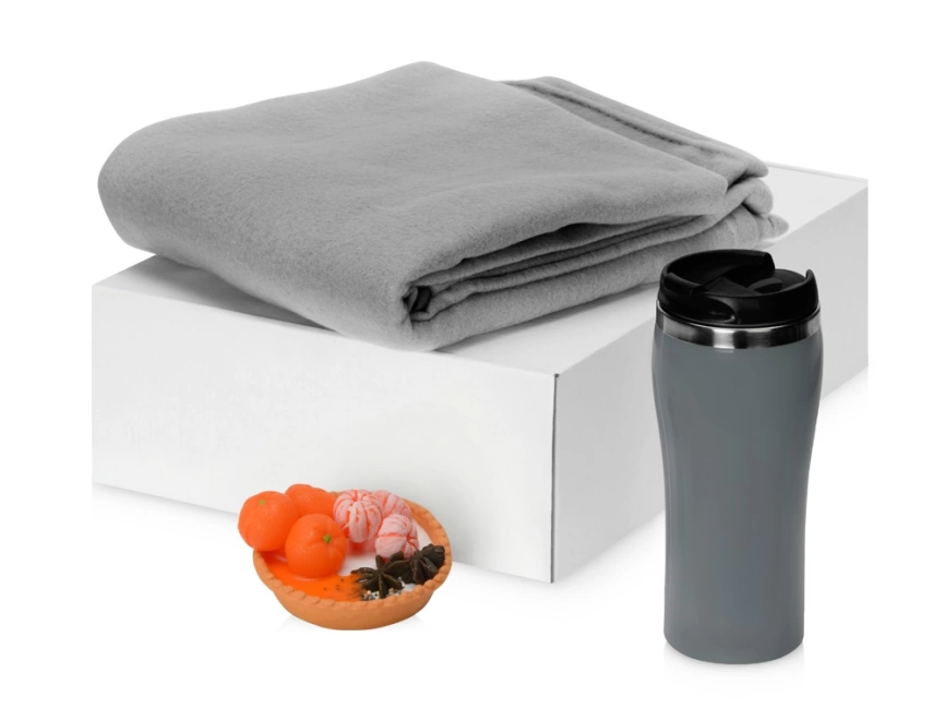 Подарочный набор с пледом, мылом и термокружкой, серый фото 1