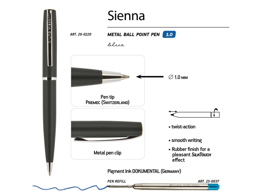 Ручка Sienna шариковая  автоматическая, черный металлический корпус, 1.0 мм, синяя фото 3