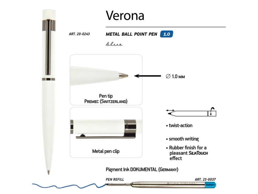 Ручка Verona шариковая автоматическая, белый металлический корпус, 1.0 мм, синяя фото 3