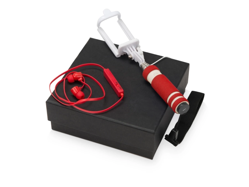 Подарочный набор Selfie с Bluetooth наушниками и моноподом, красный фото 1