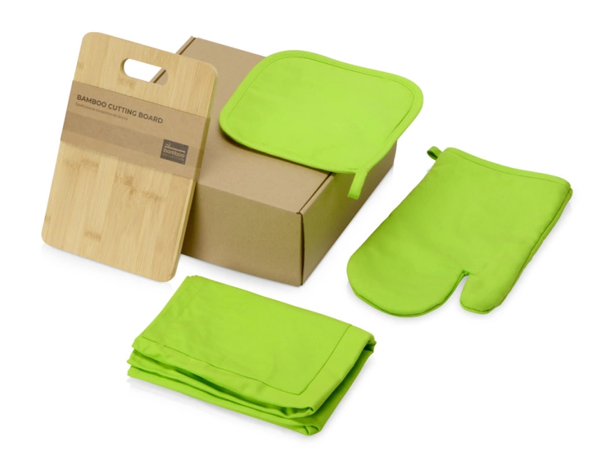 Подарочный набор с разделочной доской, фартуком, прихваткой, зеленое яблоко фото 1